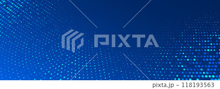 Blue glowing dotted texture. Abstract curved dot grid wallpaper. Circle halftone pattern background. Dark navy backdrop for technology, business, science, healthcare, medicine design. Vector 118193563