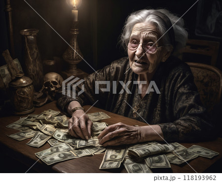 An elderly woman counts money while sitting at the table. AI generated. An elderly woman counts money while sitting at the table. AI generated. 118193962
