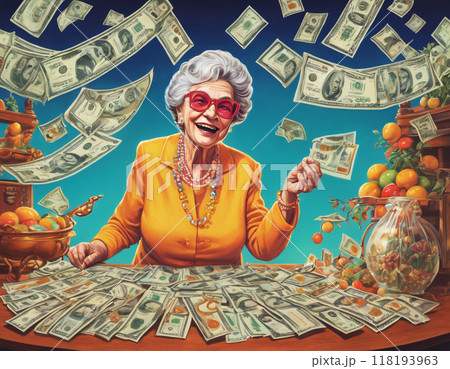 Happy elderly woman with a lot of money. AI generated. 118193963