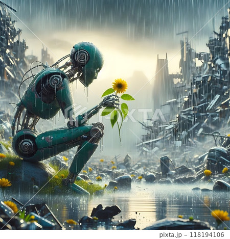 A charming green ai robot kneels in the rain to observe a yellow flowering plant. 118194106