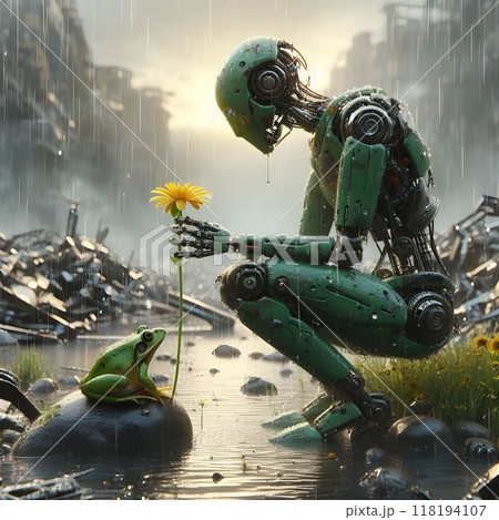 A charming green ai robot kneels in the rain to observe a yellow flowering plant. 118194107
