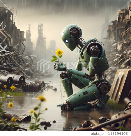 A charming green ai robot kneels in the rain to observe a yellow flowering plant. 118194108