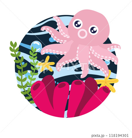 Cute octopus with sea creatures in ocean scene Vector Cute octopus with sea creatures in ocean scene Vector 118194301