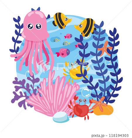 Cute squid with sea creatures in ocean scene Vector Cute squid with sea creatures in ocean scene Vector 118194303