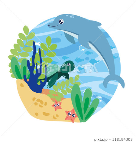 Cute dolphin with sea creatures in ocean scene Vector 118194305