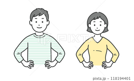 腰に手を当てて自信を見せる成人男女の上半身イラスト 118194401