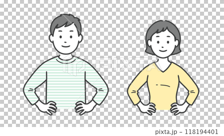 腰に手を当てて自信を見せる成人男女の上半身イラスト 118194401