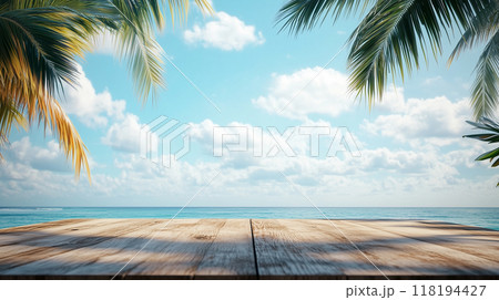 商品展示用木製テーブルモックアップと美しい青空ビーチと椰子の葉をリアルに描いたAI生成画像 商品展示用木製テーブルモックアップと美しい青空ビーチと椰子の葉をリアルに描いたAI生成画像 118194427