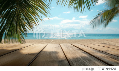 商品展示用木製テーブルモックアップと美しい青空ビーチと椰子の葉をリアルに描いたAI生成画像 商品展示用木製テーブルモックアップと美しい青空ビーチと椰子の葉をリアルに描いたAI生成画像 118194428