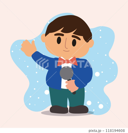 Cartoon news reporter with microphone and red bow tie, Vector 118194608