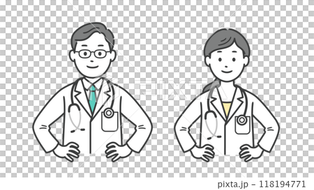 Upper body illustration of male and female doctors showing confidence with their hands on their hips 118194771