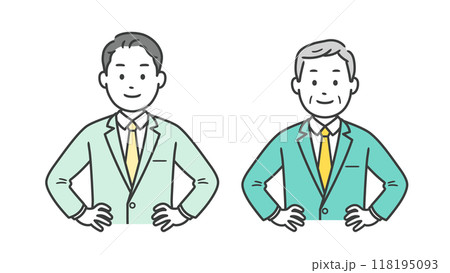 腰に手を当てて自信を見せるビジネスマンの上半身イラスト 腰に手を当てて自信を見せるビジネスマンの上半身イラスト 118195093