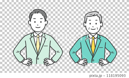 腰に手を当てて自信を見せるビジネスマンの上半身イラスト 腰に手を当てて自信を見せるビジネスマンの上半身イラスト 118195093