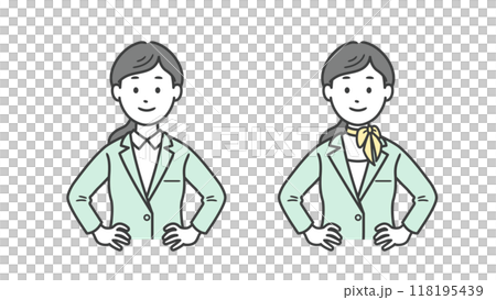 腰に手を当てて自信を見せる女性ビジネスマンの上半身イラスト 118195439