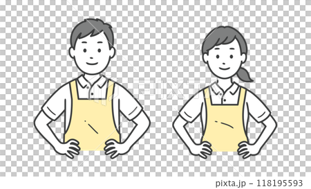 Upper body illustration of male and female caregivers showing confidence with their hands on their hips 118195593