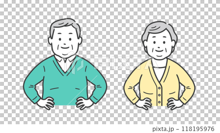 上半身插圖是一位稍微超重的老年男女,他們把手放在臀部上,表現出自信 上半身插圖是一位稍微超重的老年男女,他們把手放在臀部上,表現出自信 118195976