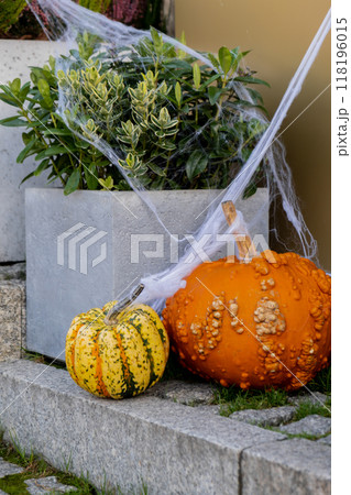 Exterior Beautiful cozy atmospheric halloween pumpkins decorated on porch. Autumn leaves and fall flowers holiday Thanksgiving October season outdoors in city 118196015