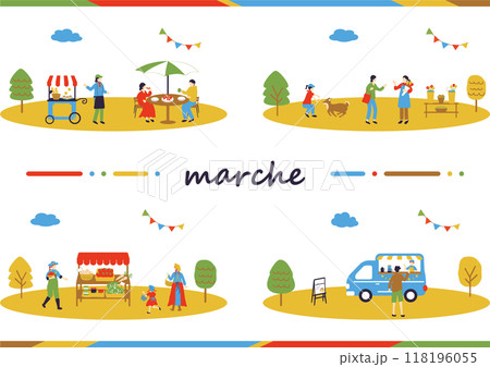 マルシェ　休日のマーケットで楽しむ人々 118196055