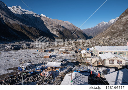 View of Kyanjin Gompa the end of the Langtang Valley Trek in Nepal. View of Kyanjin Gompa the end of the Langtang Valley Trek in Nepal. 118196315