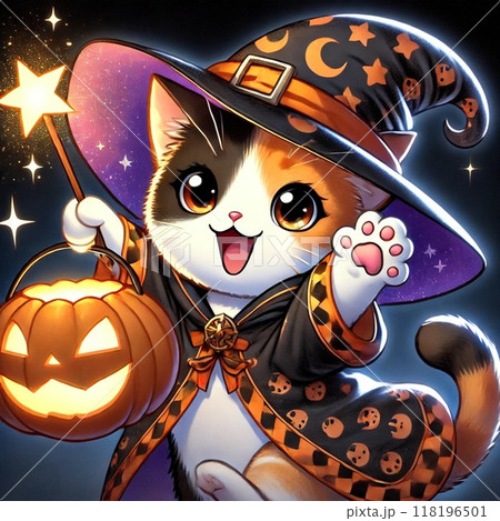 ハロウィン アニメ風イラスト 魔女に仮装した三毛猫ちゃん5のイラスト