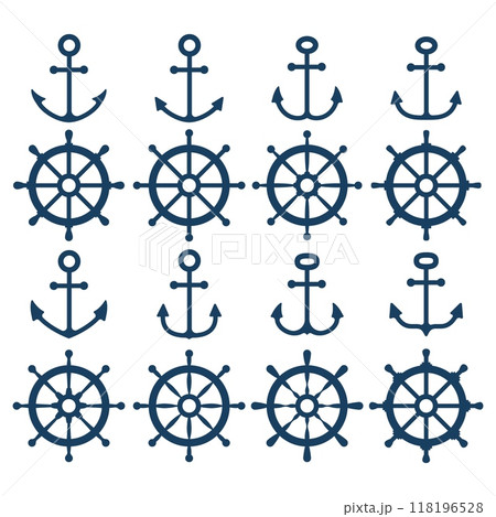 Ship wheel and anchor icon set 118196528