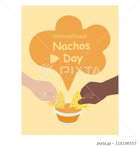 Nachos Day inscription Leaflet design concept with human hands dipping Mexican chips in cheese sauce 118196557