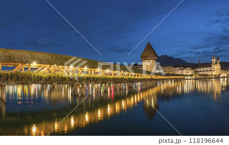 Lucerne (Luzern) Switzerland night city skyline at Chapel Bridge Lucerne (Luzern) Switzerland night city skyline at Chapel Bridge 118196644