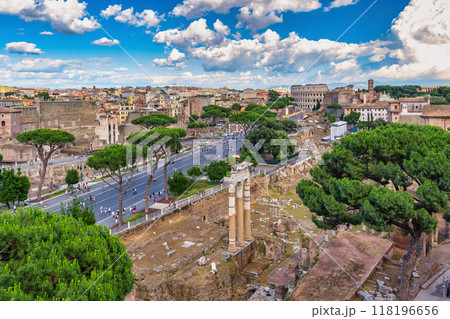 Rome Italy, high angle view city skyline at Roman Forum and Rome Colosseum Rome Italy, high angle view city skyline at Roman Forum and Rome Colosseum 118196656