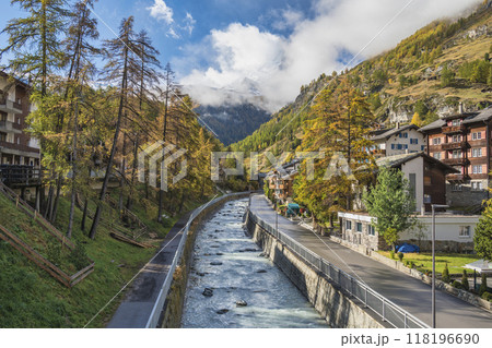 Zermatt Switzerland at village with Matterhorn mountain peak and Vispa river in autumn season 118196690