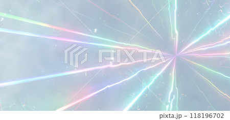 水面に放射状に輝くカラフルな光。俯瞰。コピースペース。3D(横長) 水面に放射状に輝くカラフルな光。俯瞰。コピースペース。3D(横長) 118196702