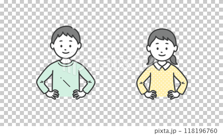 Upper body illustration of a boy and girl showing confidence with their hands on their hips 118196760
