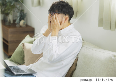 リビングでパソコンを使う男性 118197170