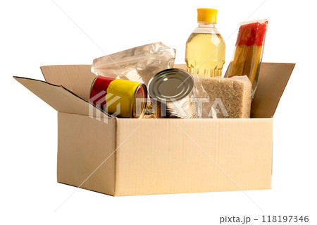 Foodstuff for donation isolated on white background with clipping path, storage and delivery. Various food, pasta, cooking oil and canned food in cardboard box. Foodstuff for donation isolated on white background with clipping path, storage and delivery. Various food, pasta, cooking oil and canned food in cardboard box. 118197346