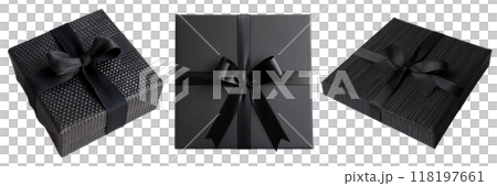 Set of isolated black gift boxes with black ribbon, closed box lid on a transparent background for Black Friday sales or celebration events. Front, top and isometric view. AI generated. 118197661