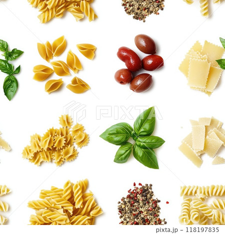 Italian pasta and fresh basil ingredients assortment for culinary creations 118197835