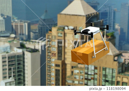 Drone delivering parcel box in urban city, futuristic express delivery, 3D rendering. Drone delivering parcel box in urban city, futuristic express delivery, 3D rendering. 118198094