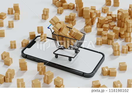 Parcel drop in supermarket cart on mobile phone and go ahead, online shopping, 3D rendering. 118198102