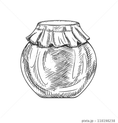 Vector illustration with transparent glass jar sauces, spices, preservation. Kitchen utensils, tools, dishes. Retro old cutlery. Hand drawn illustration in line art in black ink, isolated background 118198238