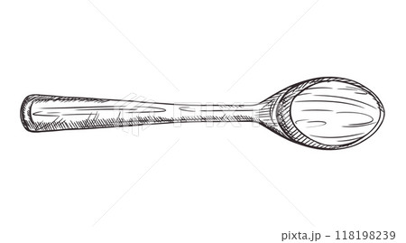 Vector illustration with wooden spoon texture. Kitchen utensils, tools, dishes, home decor. Retro old cutlery Hand drawn illustration in line art style painted in black ink on isolated background 118198239