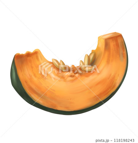 A piece of orange ripe pumpkin, autumn harvest. Fresh farm vegetables, healthy food, vegetarianism. Garden plants and agriculture. Isolated digital handmade illustration. A graphic design element 118198243