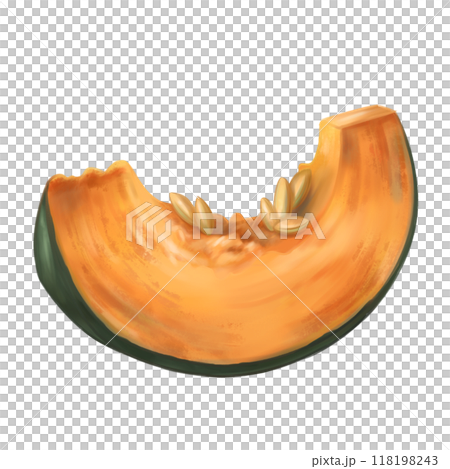 A piece of orange ripe pumpkin, autumn harvest. Fresh farm vegetables, healthy food, vegetarianism. Garden plants and agriculture. Isolated digital handmade illustration. A graphic design element A piece of orange ripe pumpkin, autumn harvest. Fresh farm vegetables, healthy food, vegetarianism. Garden plants and agriculture. Isolated digital handmade illustration. A graphic design element 118198243