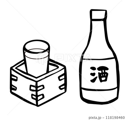 筆書き　日本酒の升酒　白黒線画イラスト 118198460