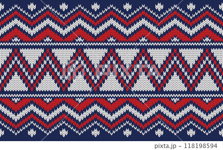 Knitted pattern seamless ethnic fabric Christmas color theme. traditional knitted pattern snow winter concept. Designed for knitted pattern,background ,wallpaper ,clothing ,embroidery ,textile ,fabric 118198594