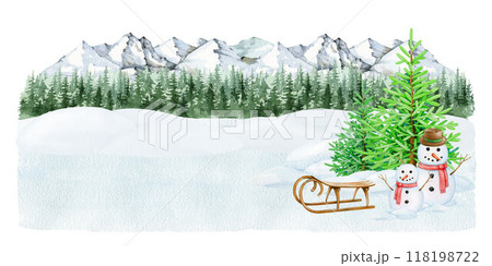 Funny snowman on snowy ground with Christmas tree in winter landscape. Winter season outdoors festive scene. Vintage style illustration. Winter time decor with fir tree, sled, snowman, snow piles Funny snowman on snowy ground with Christmas tree in winter landscape. Winter season outdoors festive scene. Vintage style illustration. Winter time decor with fir tree, sled, snowman, snow piles 118198722