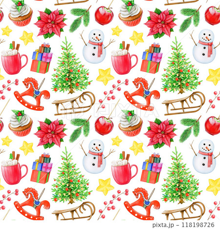 Winter season mood decor seamless pattern. Hand drawn fir tree, snowman, sled, winter sweets and treats on white background. Christmas vintage style decor traditional elements seamless pattern Winter season mood decor seamless pattern. Hand drawn fir tree, snowman, sled, winter sweets and treats on white background. Christmas vintage style decor traditional elements seamless pattern 118198726