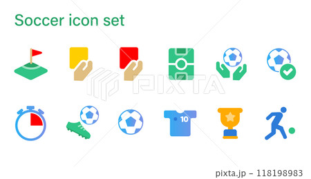 Soccer icon set collection of football red yellow card field match goal ball possession jersey 118198983