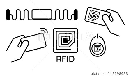 RFID radio frequency identification icon set collection outline black in white background hand holding card wireless ID antenna 118198988