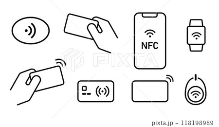 NFC proximity card cash less contactless payment wireless transaction symbol icon illustration smartphone tag key chain card NFC proximity card cash less contactless payment wireless transaction symbol icon illustration smartphone tag key chain card 118198989