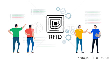 RFID radio frequency identification wireless ID antenna symbol people discuss technology concept RFID radio frequency identification wireless ID antenna symbol people discuss technology concept 118198996