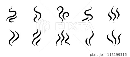 Smoke steam icon vector logo set. Smoke smell, steam aroma heat icon illustration. Hot vapor fire doodle line logo. Hit stink, coffee, fragrance flame elements. Vector 118199516